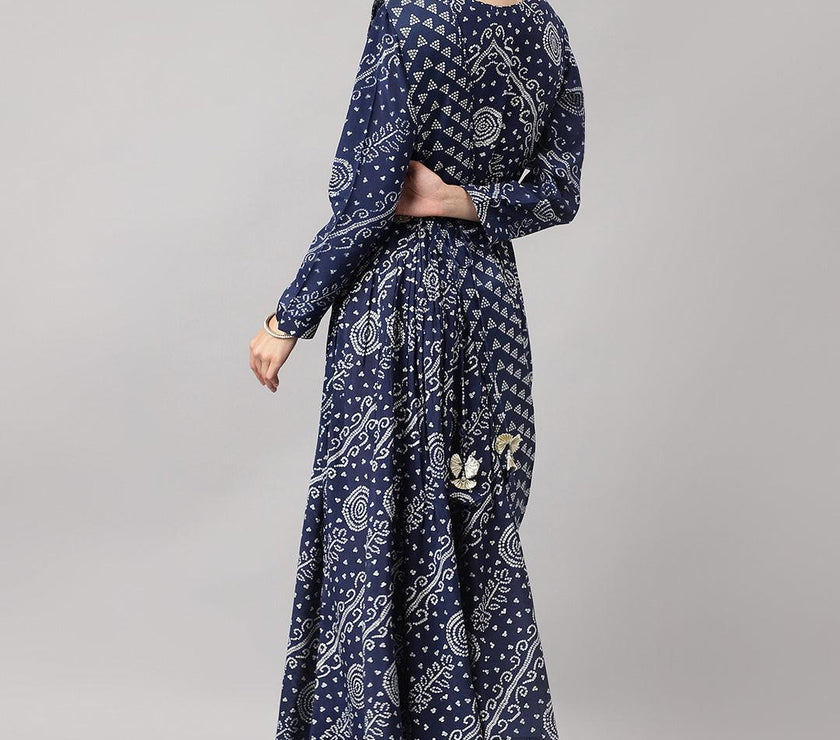 Divena Navy Blue bandhani Printed Muslin Zari work Drape style Flared Gown - divena world