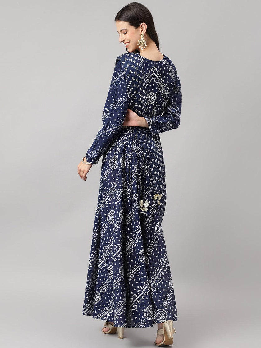 Divena Navy Blue bandhani Printed Muslin Zari work Drape style Flared Gown - divena world