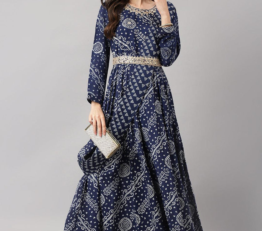 Divena Navy Blue bandhani Printed Muslin Zari work Drape style Flared Gown - divena world