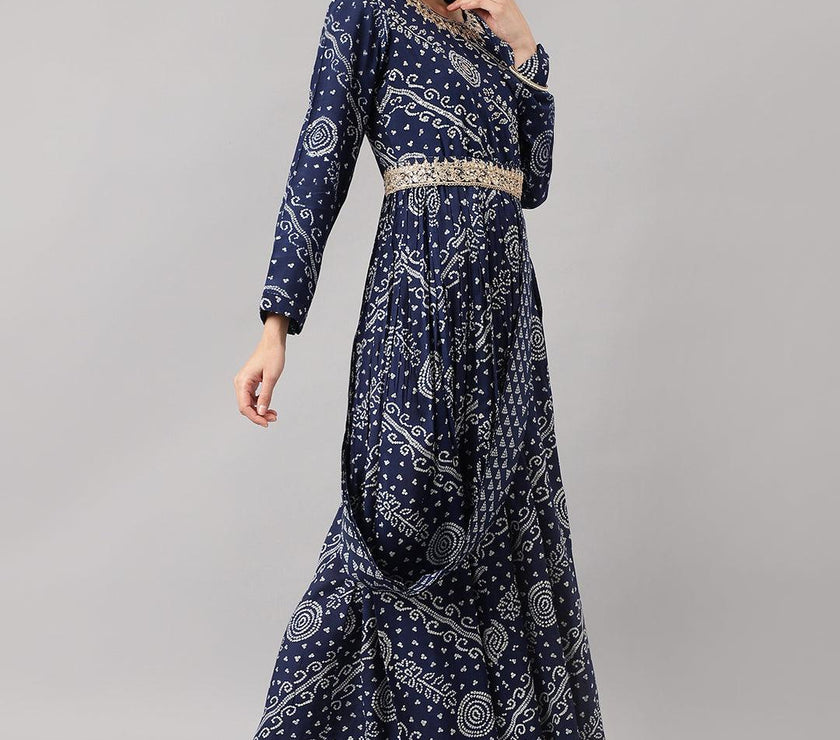 Divena Navy Blue bandhani Printed Muslin Zari work Drape style Flared Gown - divena world