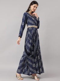 Divena Navy Blue bandhani Printed Muslin Zari work Drape style Flared Gown - divena world