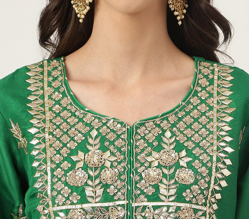 Divena Dark Green russian silk Hand embroidery Kurta Sharara with Organza dupatta - divena world