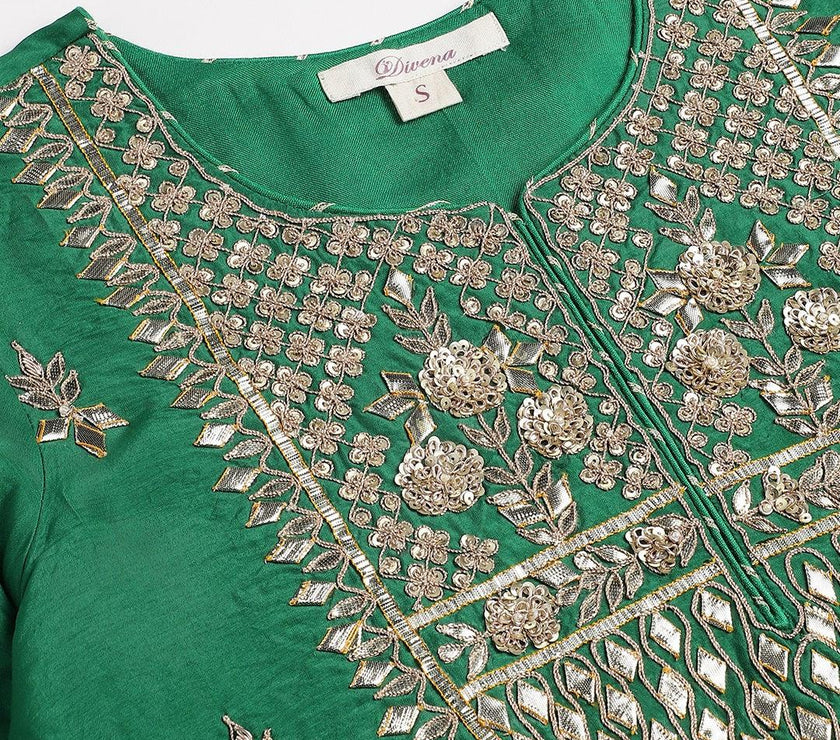 Divena Dark Green russian silk Hand embroidery Kurta Sharara with Organza dupatta - divena world