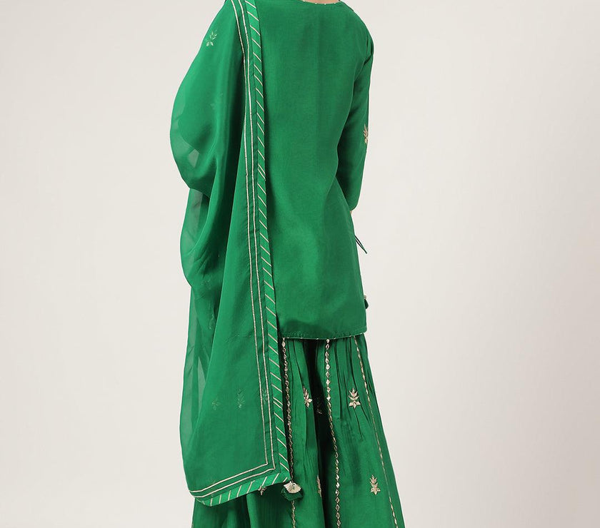 Divena Dark Green russian silk Hand embroidery Kurta Sharara with Organza dupatta - divena world