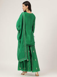 Divena Dark Green russian silk Hand embroidery Kurta Sharara with Organza dupatta - divena world