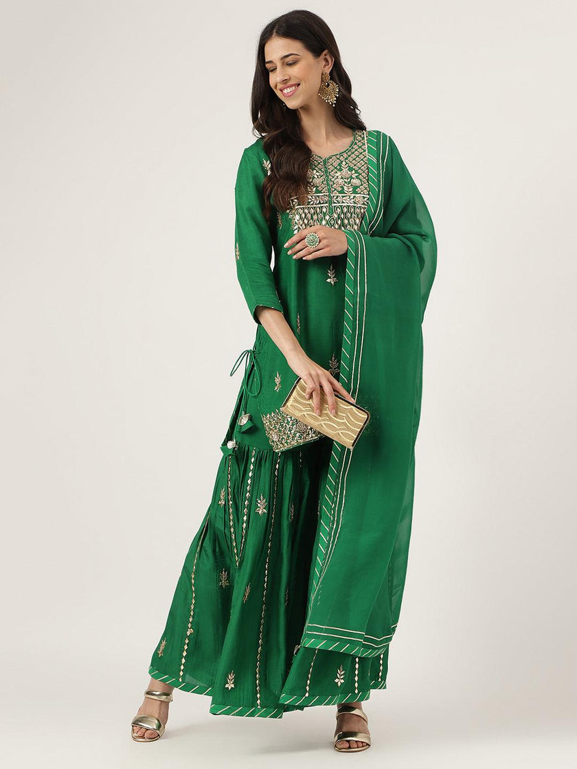 Divena Dark Green russian silk Hand embroidery Kurta Sharara with Organza dupatta - divena world