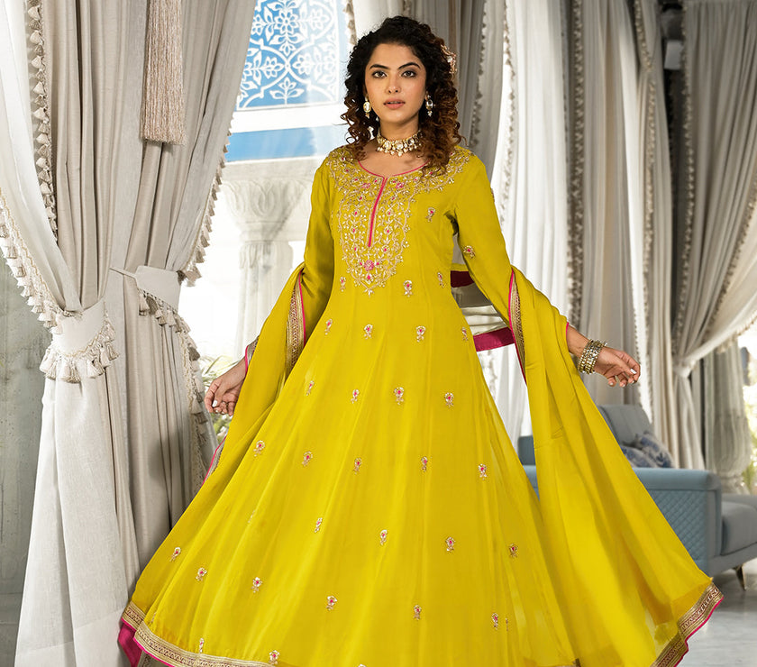 Divena Yellow Zardozi Work Pure Georgette Anarkali Kurta Set with Dupatta