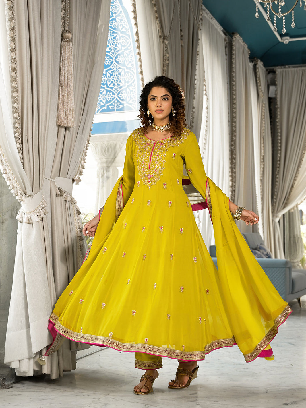 Divena Yellow Zardozi Work Pure Georgette Anarkali Kurta Set with Dupatta