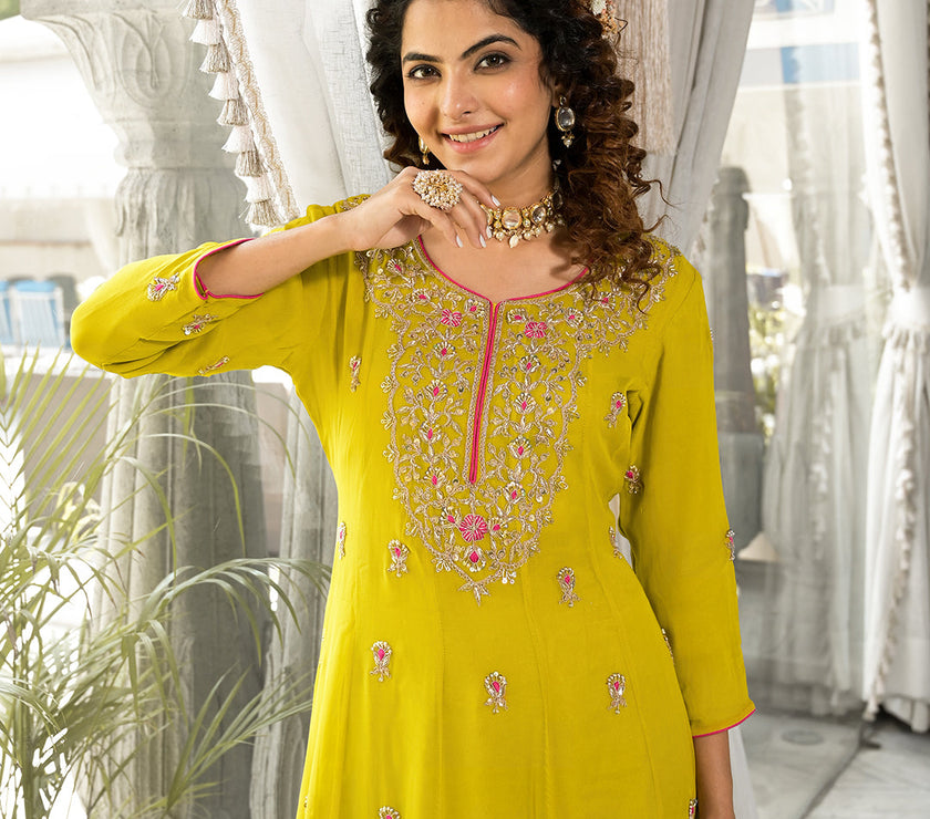 Divena Yellow Zardozi Work Pure Georgette Anarkali Kurta Set with Dupatta