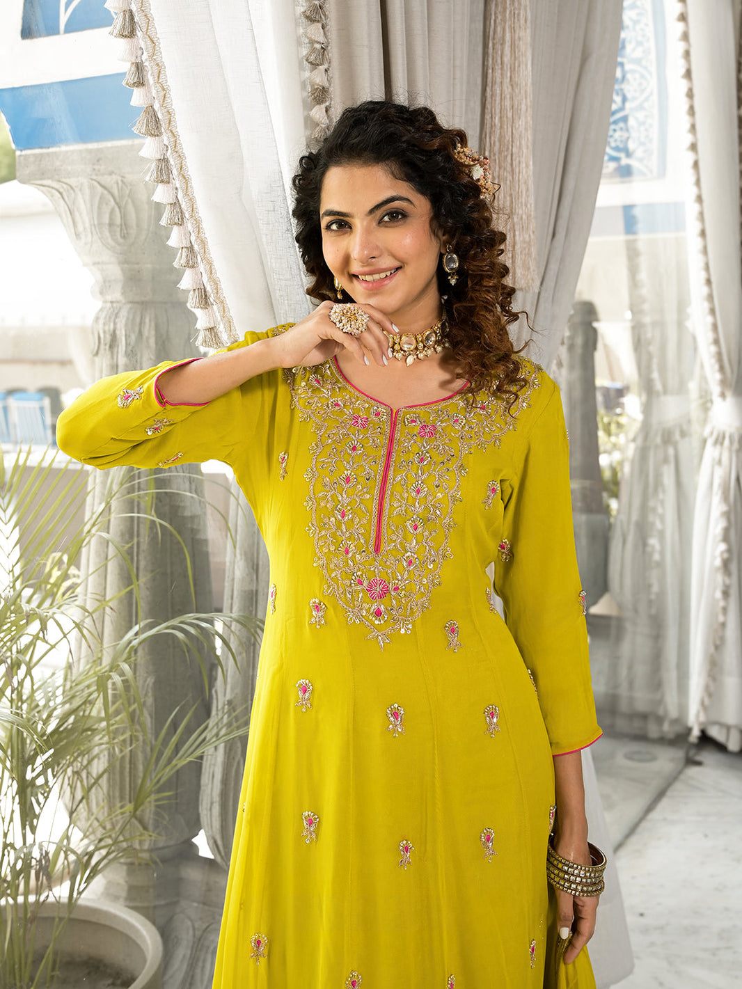 Divena Yellow Zardozi Work Pure Georgette Anarkali Kurta Set with Dupatta