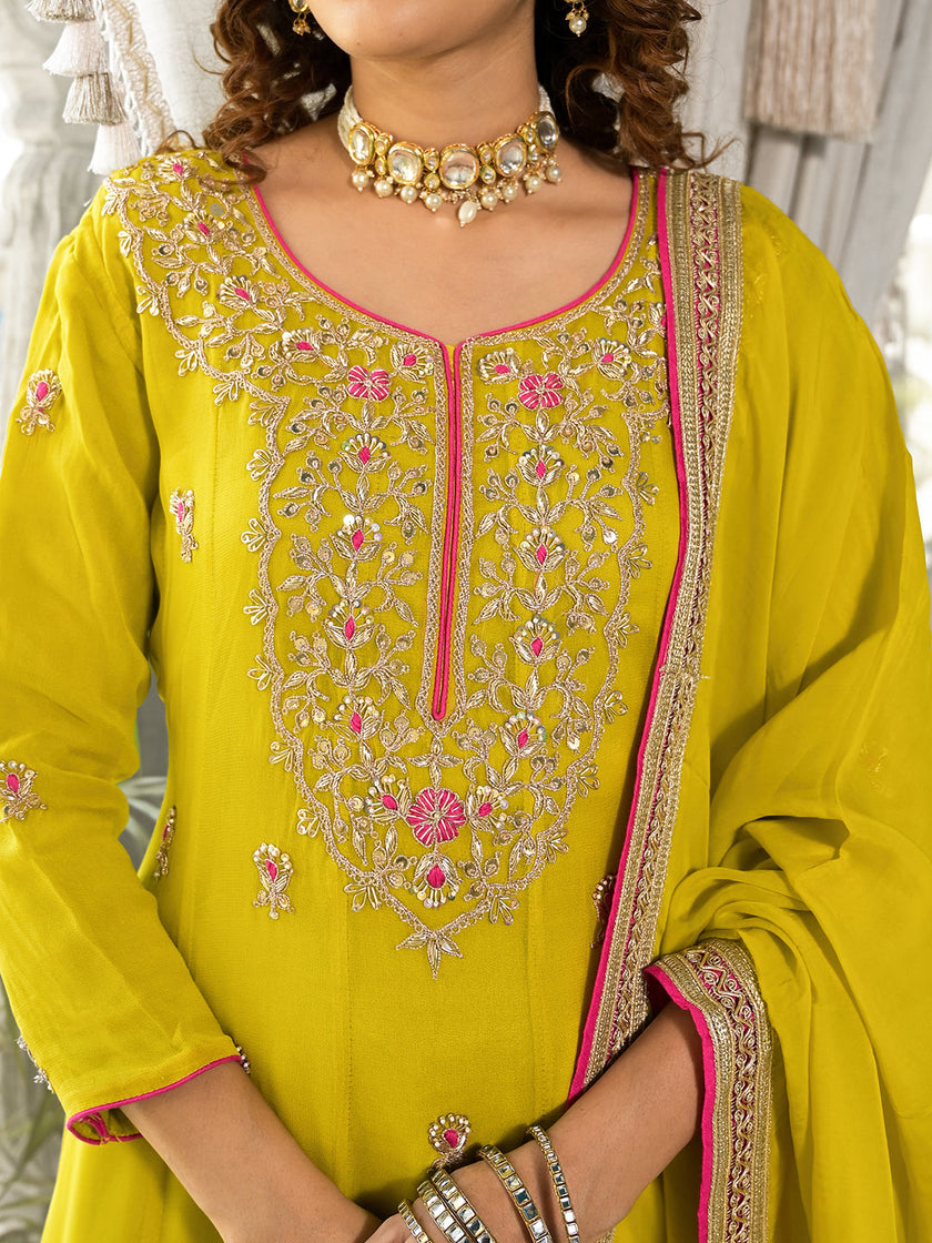 Divena Yellow Zardozi Work Pure Georgette Anarkali Kurta Set with Dupatta