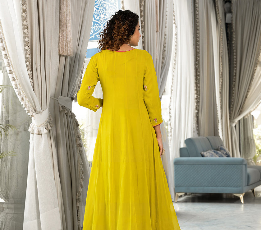 Divena Yellow Zardozi Work Pure Georgette Anarkali Kurta Set with Dupatta