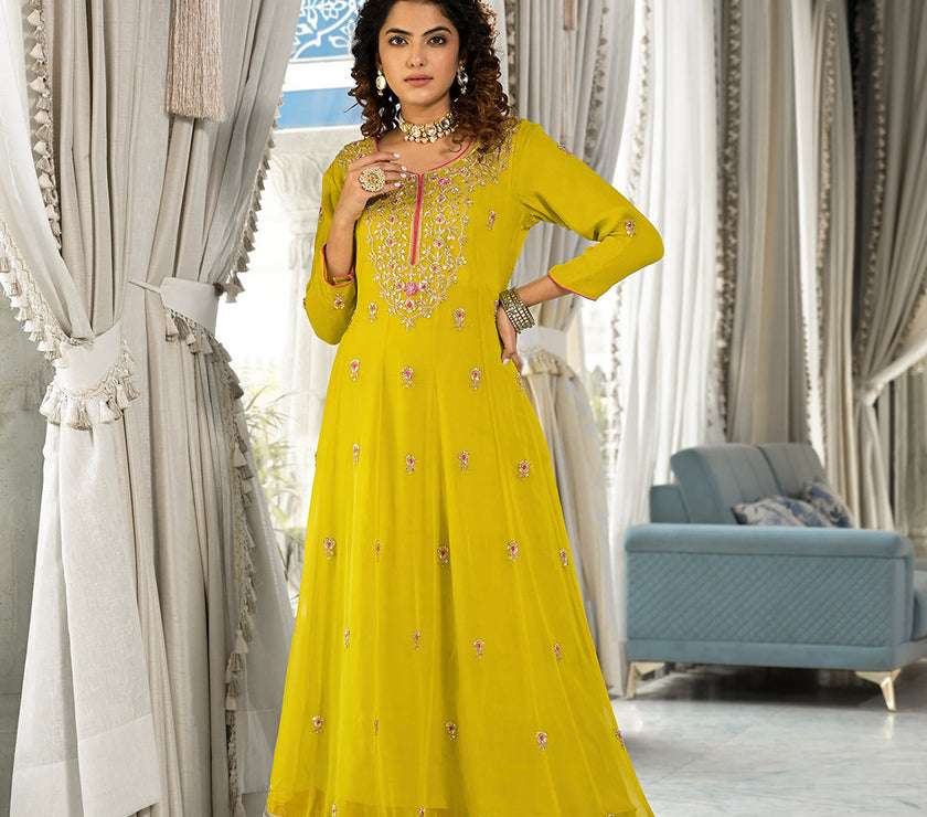 Divena Yellow Zardozi Work Pure Georgette Anarkali Kurta Set with Dupatta