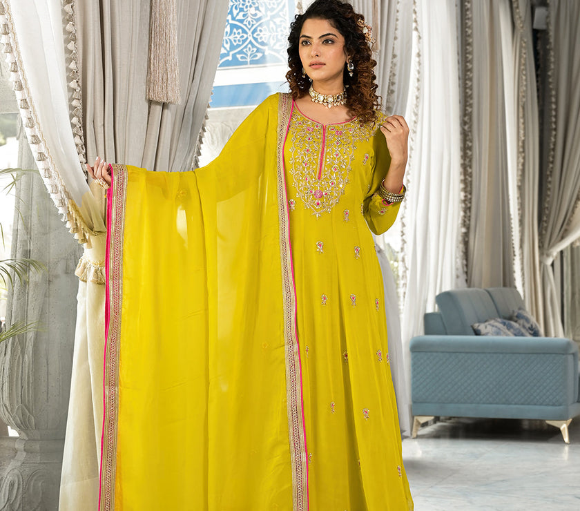 Divena Yellow Zardozi Work Pure Georgette Anarkali Kurta Set with Dupatta