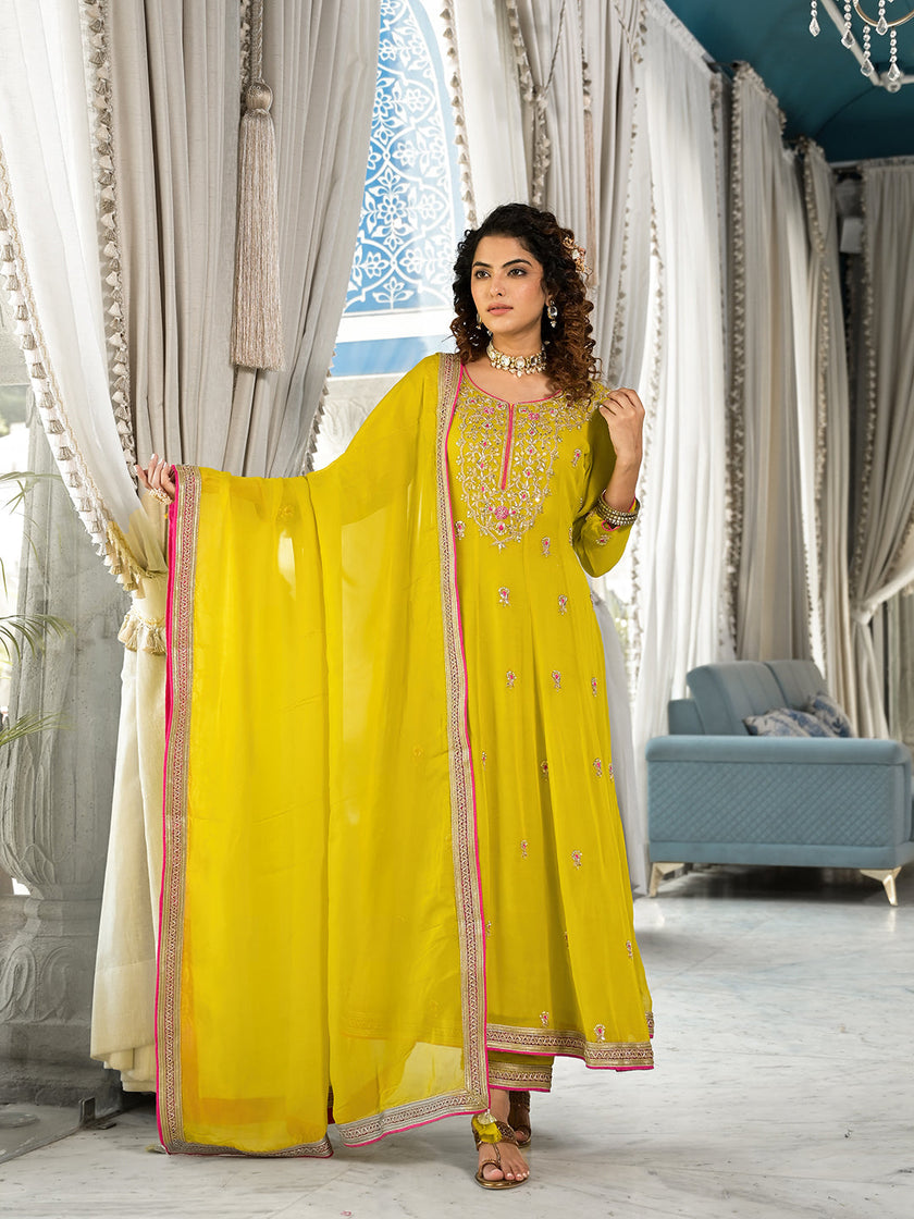 Divena Yellow Zardozi Work Pure Georgette Anarkali Kurta Set with Dupatta