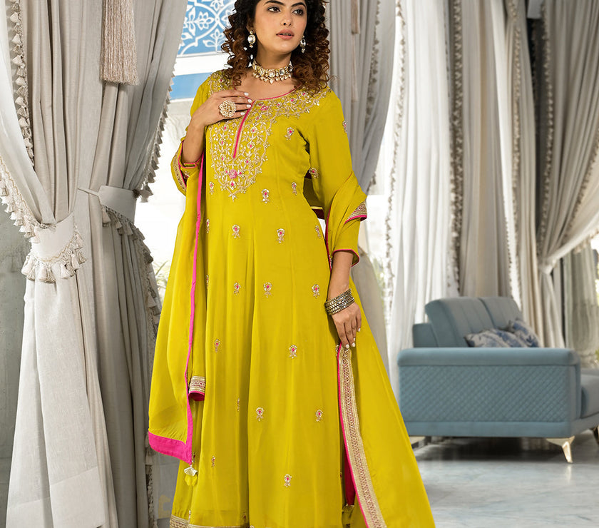 Divena Yellow Zardozi Work Pure Georgette Anarkali Kurta Set with Dupatta