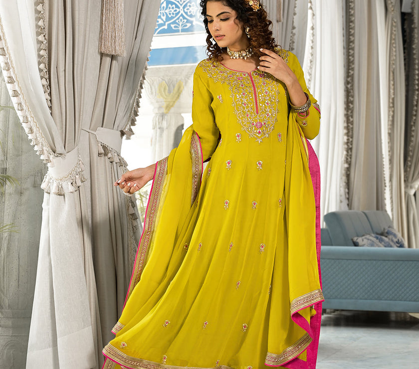 Divena Yellow Zardozi Work Pure Georgette Anarkali Kurta Set with Dupatta