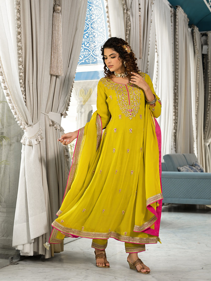 Divena Yellow Zardozi Work Pure Georgette Anarkali Kurta Set with Dupatta