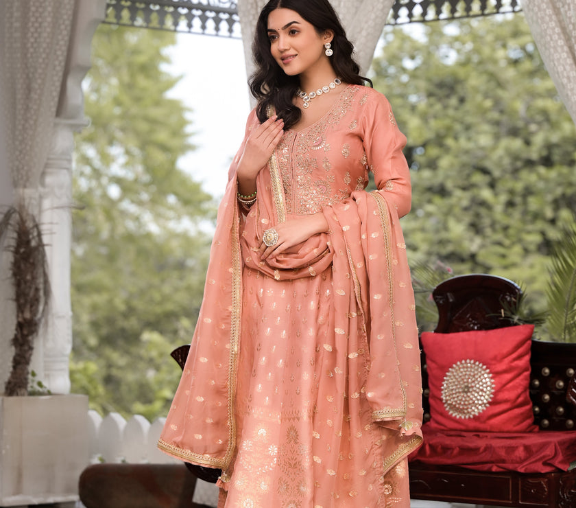 Divena Peach Zardozi Work Banarsi Rusian Silk Kurta Set with Banarsi Organza Dupatta