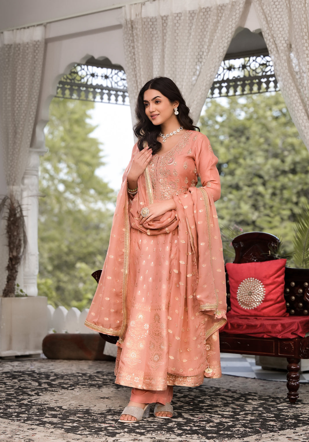 Divena Peach Zardozi Work Banarsi Rusian Silk Kurta Set with Banarsi Organza Dupatta