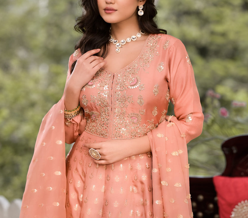 Divena Peach Zardozi Work Banarsi Rusian Silk Kurta Set with Banarsi Organza Dupatta