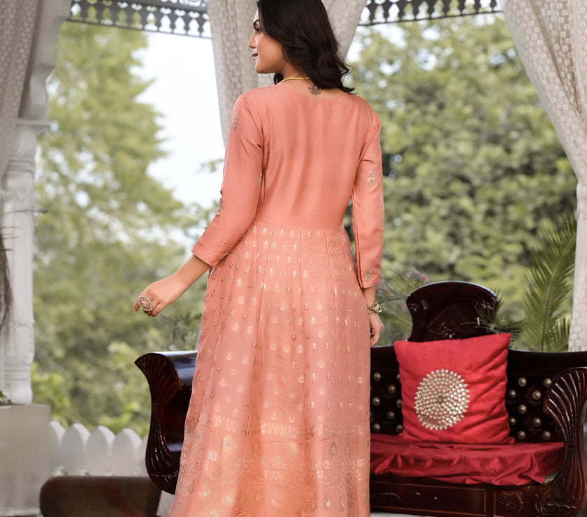 Divena Peach Zardozi Work Banarsi Rusian Silk Kurta Set with Banarsi Organza Dupatta