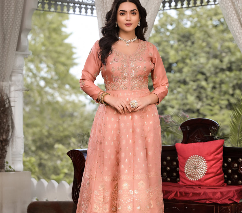 Divena Peach Zardozi Work Banarsi Rusian Silk Kurta Set with Banarsi Organza Dupatta