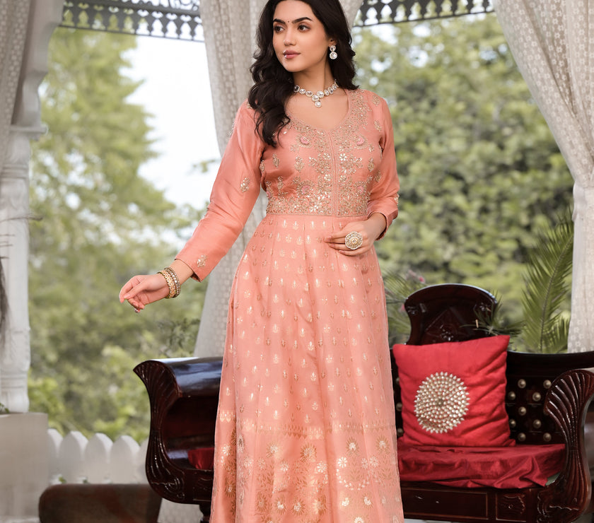 Divena Peach Zardozi Work Banarsi Rusian Silk Kurta Set with Banarsi Organza Dupatta