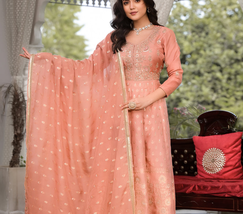 Divena Peach Zardozi Work Banarsi Rusian Silk Kurta Set with Banarsi Organza Dupatta