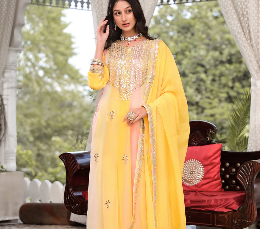 Divena Yellow Gota Patti Embroidered Banarsi Georgette Kurta Set with Organza Dupatta