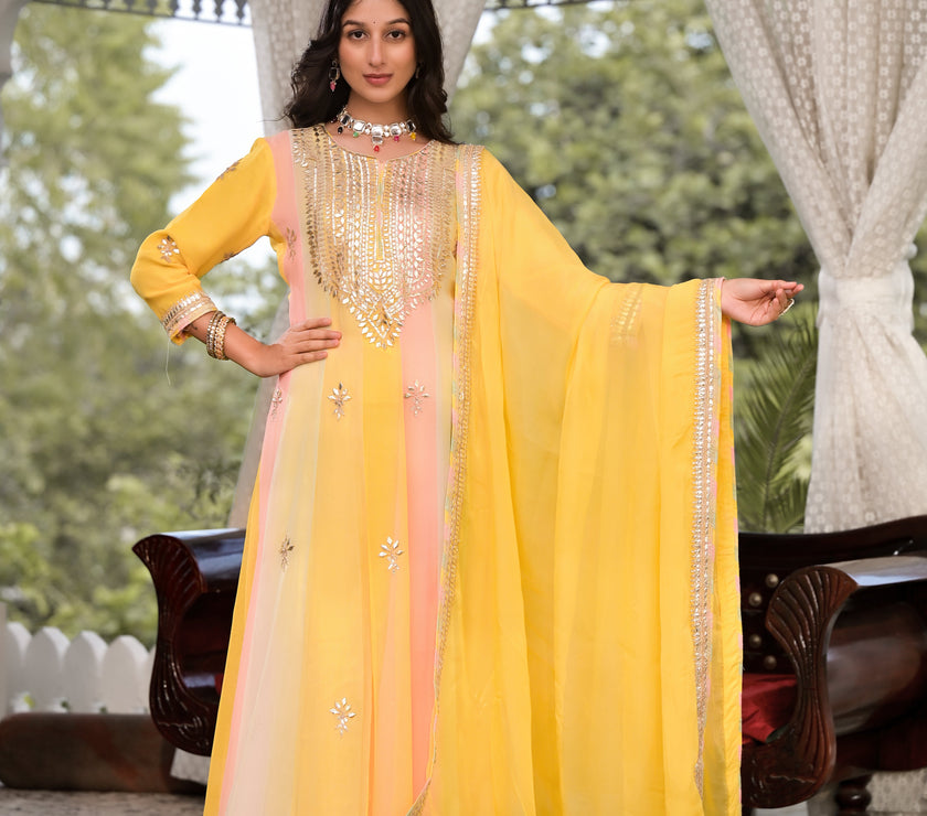 Divena Yellow Gota Patti Embroidered Banarsi Georgette Kurta Set with Organza Dupatta