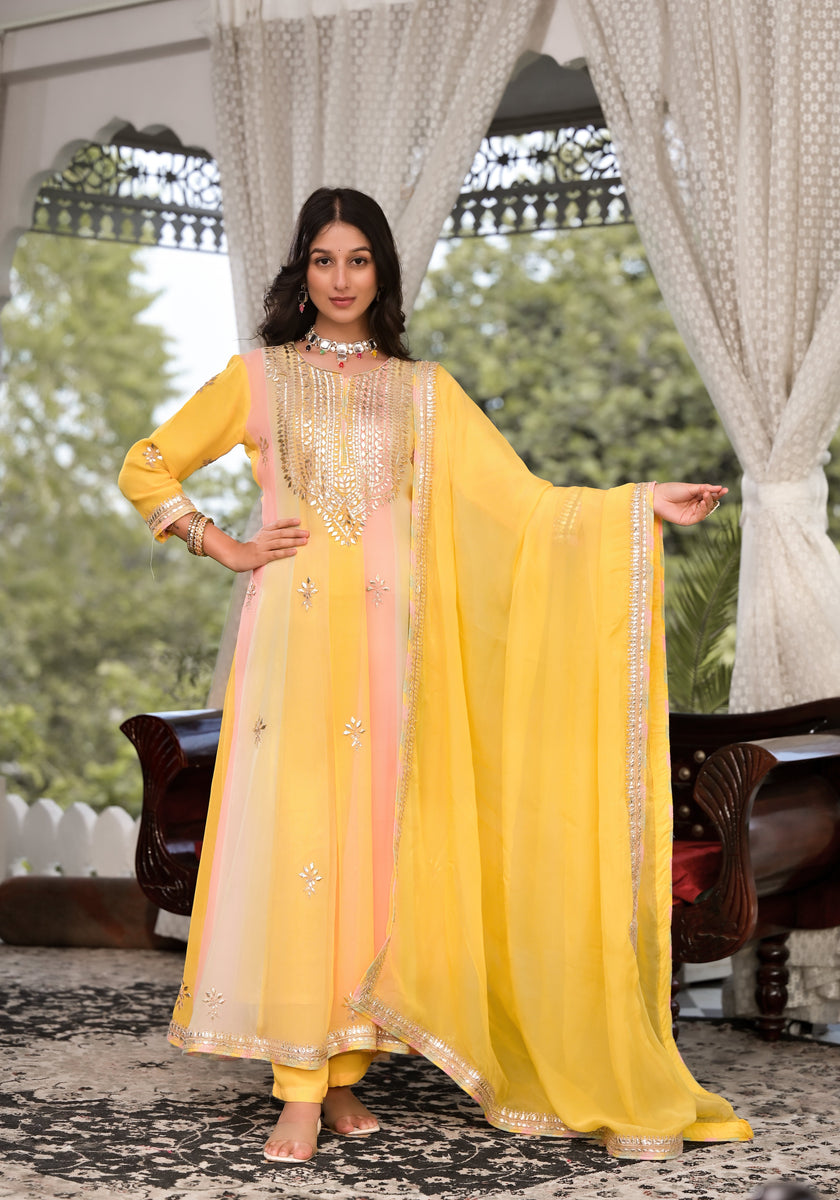 Divena Yellow Gota Patti Embroidered Banarsi Georgette Kurta Set with Organza Dupatta