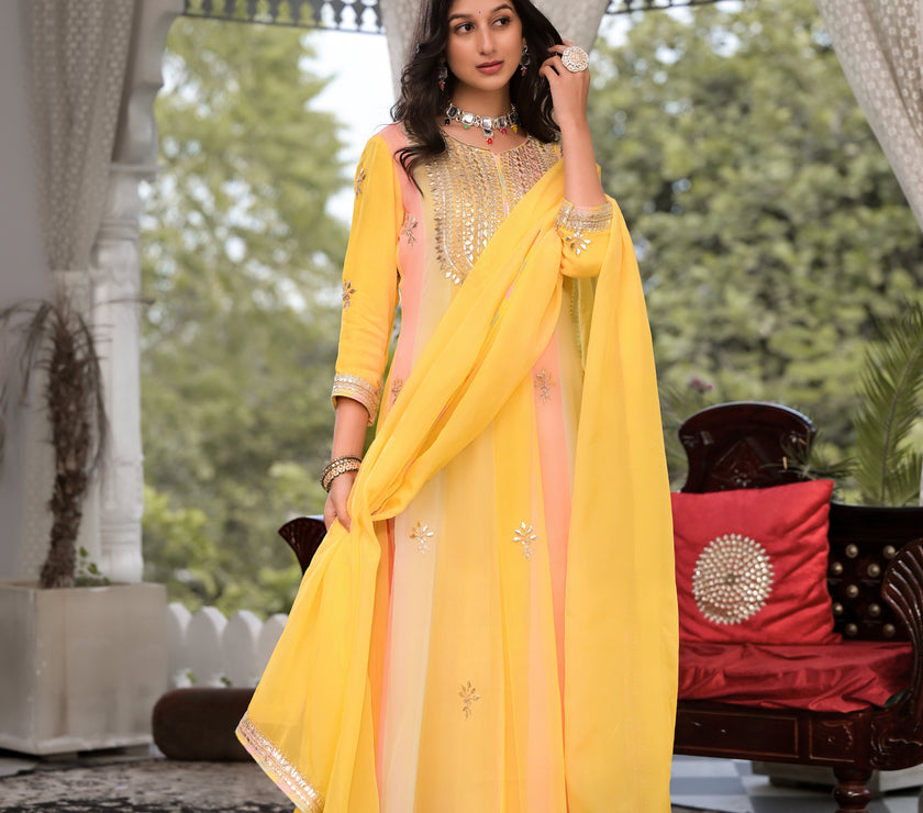 Divena Yellow Gota Patti Embroidered Banarsi Georgette Kurta Set with Organza Dupatta