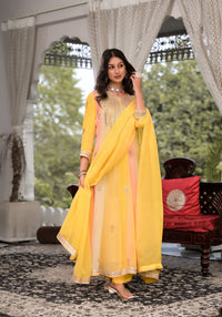 Divena Yellow Gota Patti Embroidered Banarsi Georgette Kurta Set with Organza Dupatta