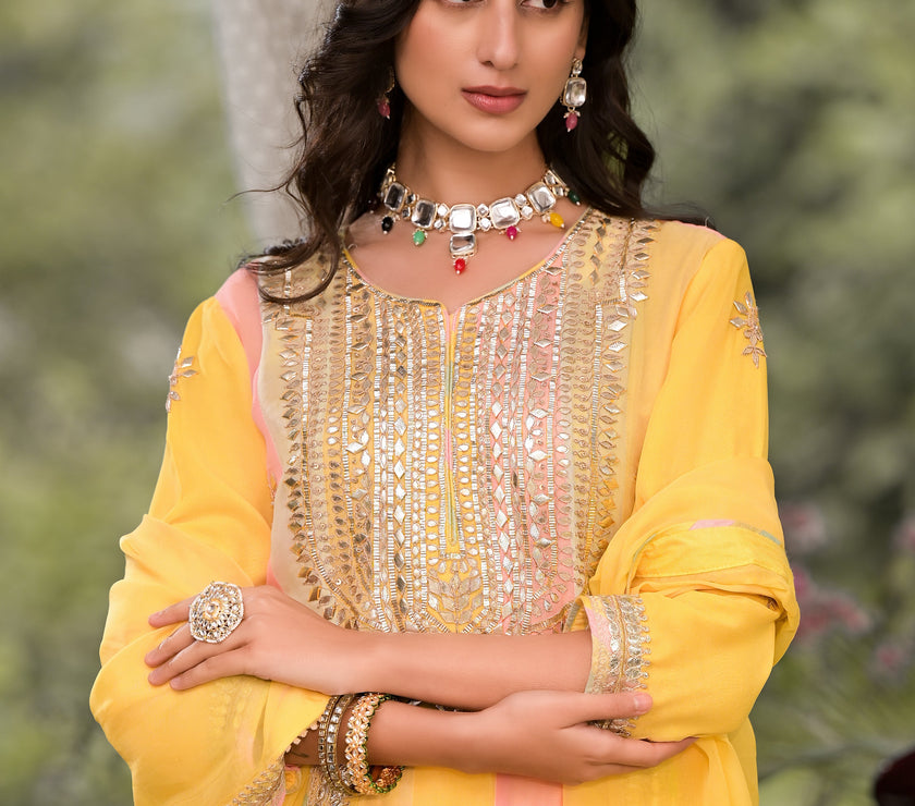 Divena Yellow Gota Patti Embroidered Banarsi Georgette Kurta Set with Organza Dupatta