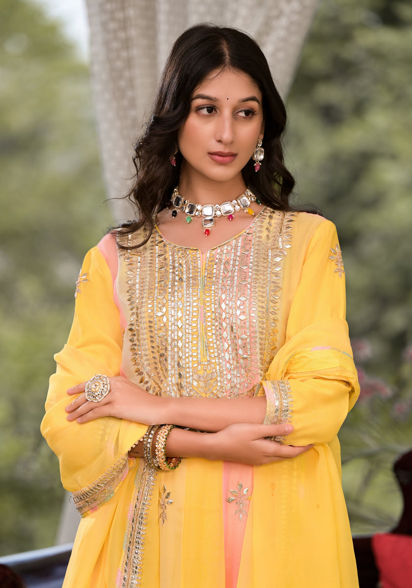 Divena Yellow Gota Patti Embroidered Banarsi Georgette Kurta Set with Organza Dupatta