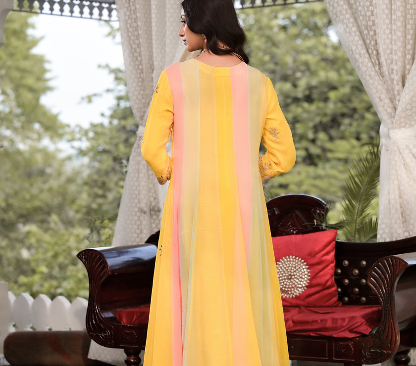 Divena Yellow Gota Patti Embroidered Banarsi Georgette Kurta Set with Organza Dupatta