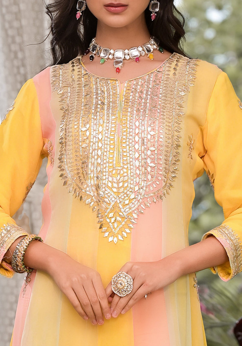 Divena Yellow Gota Patti Embroidered Banarsi Georgette Kurta Set with Organza Dupatta