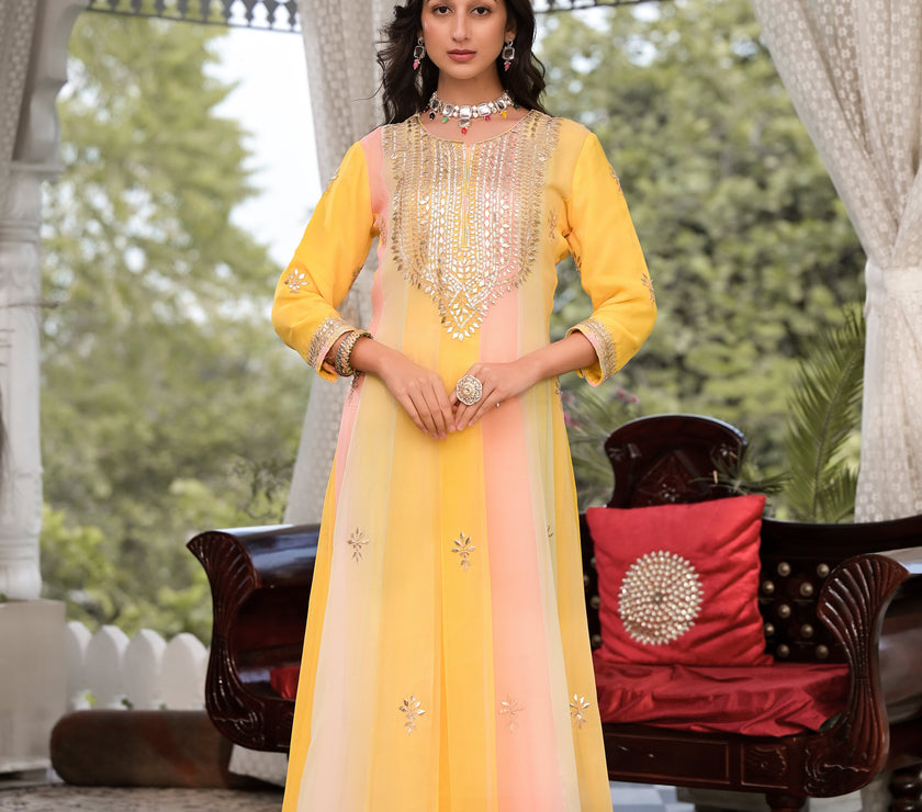 Divena Yellow Gota Patti Embroidered Banarsi Georgette Kurta Set with Organza Dupatta