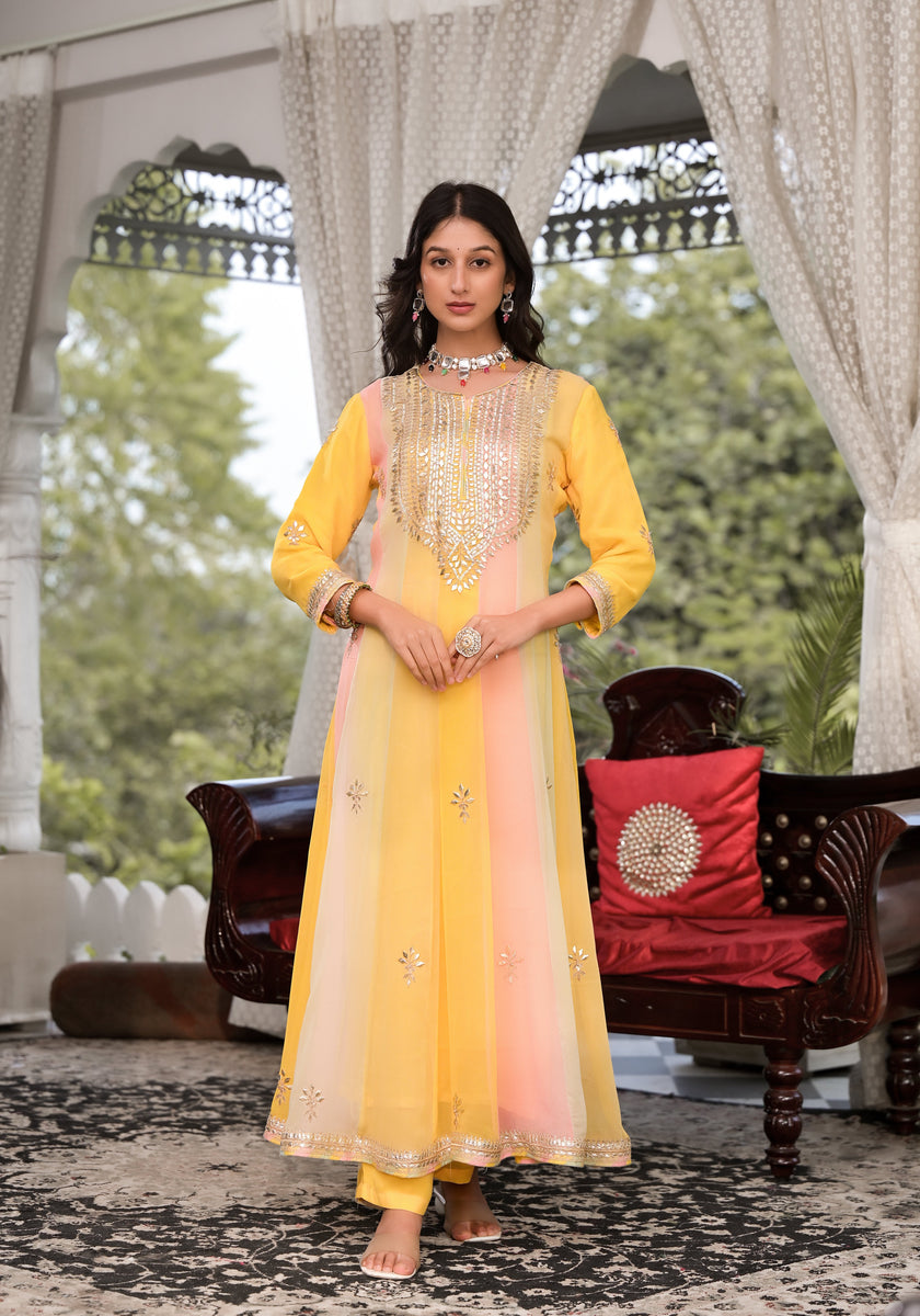 Divena Yellow Gota Patti Embroidered Banarsi Georgette Kurta Set with Organza Dupatta