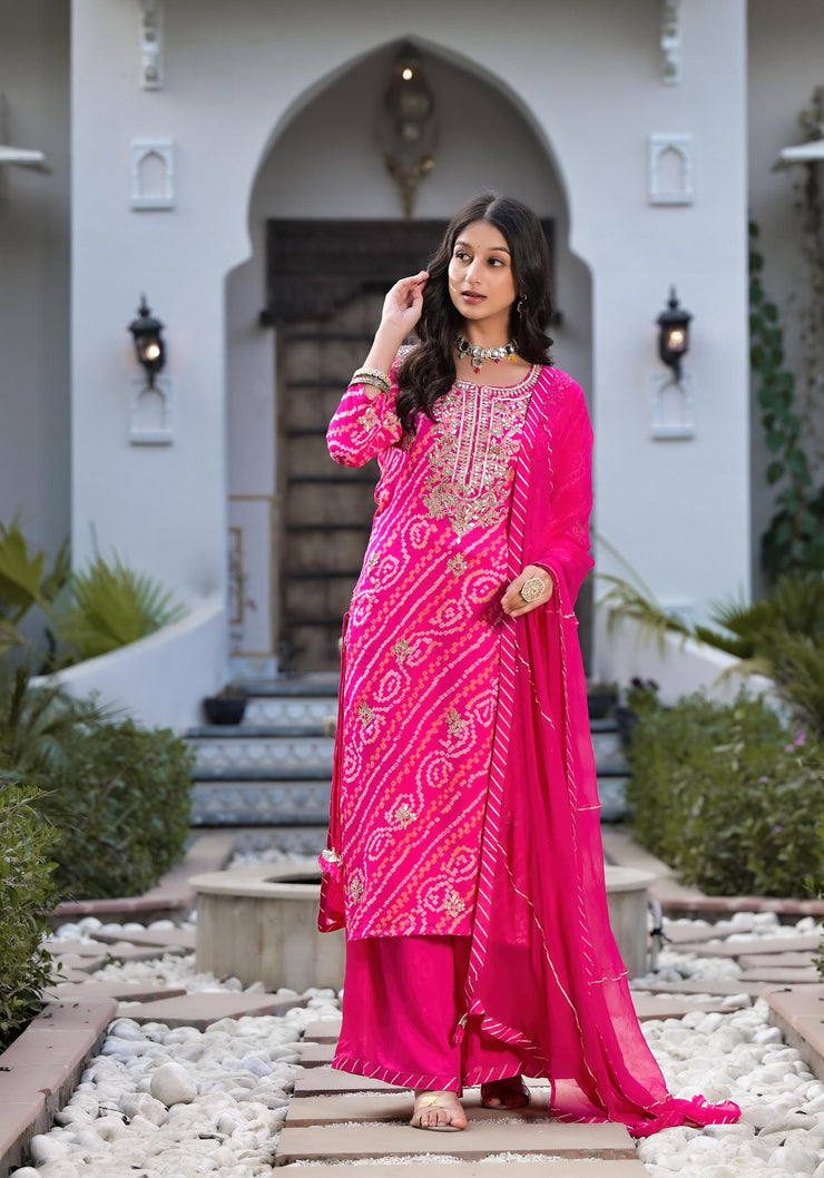 Divena Rani Pink Gota Patti Embroidered Bandhani Print Chinon Kurta Set with shiffon Dupatta