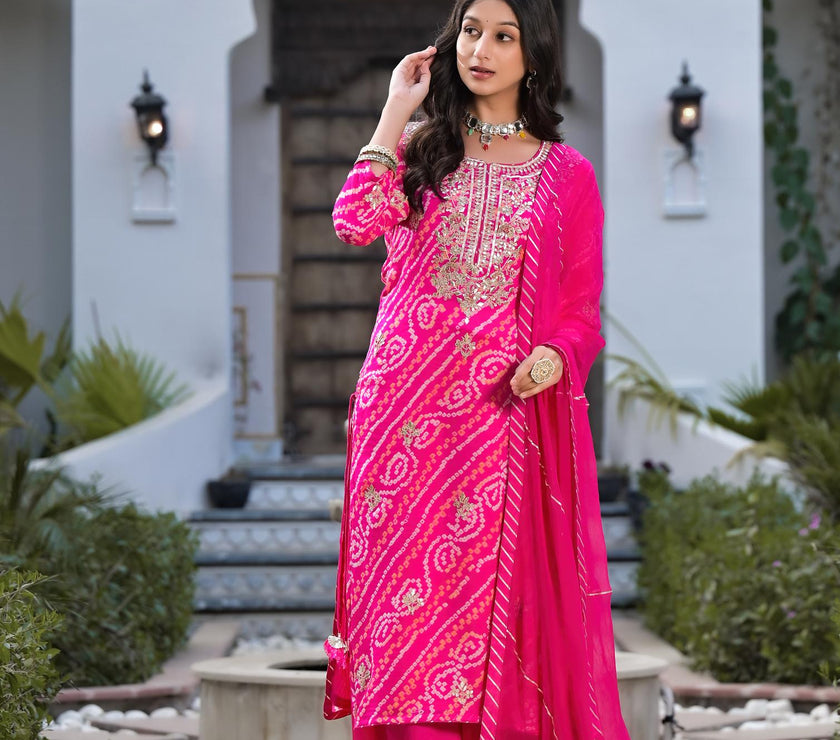 Divena Rani Pink Gota Patti Embroidered Bandhani Print Chinon Kurta Set with shiffon Dupatta