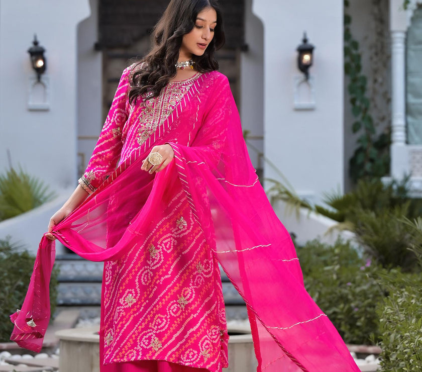 Divena Rani Pink Gota Patti Embroidered Bandhani Print Chinon Kurta Set with shiffon Dupatta