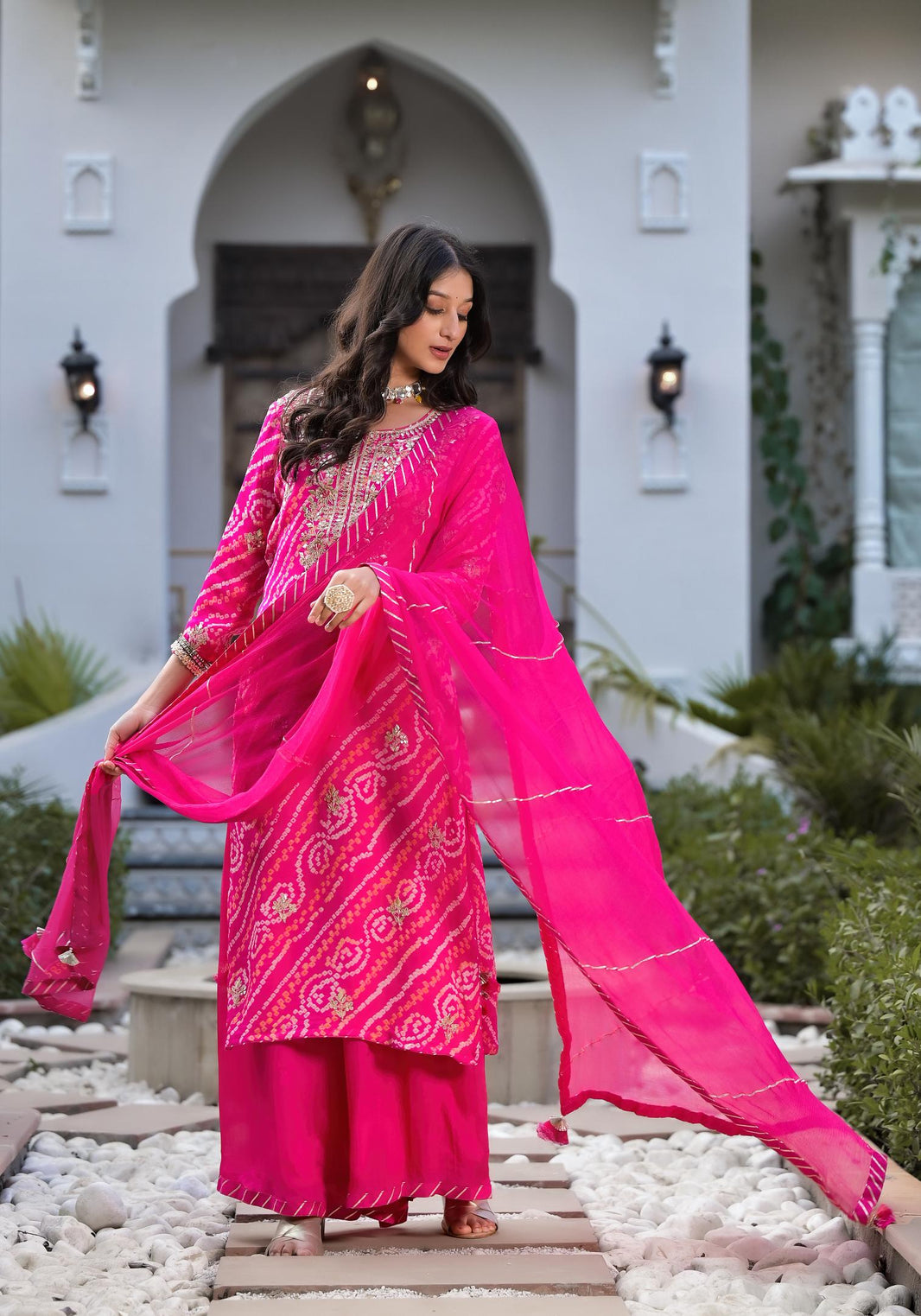 Divena Rani Pink Gota Patti Embroidered Bandhani Print Chinon Kurta Set with shiffon Dupatta