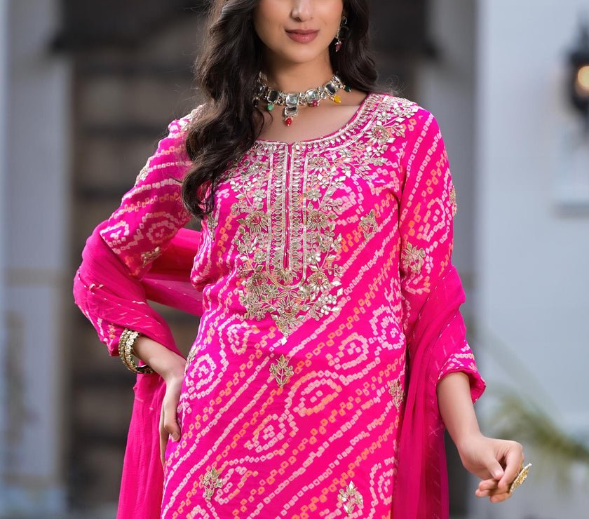 Divena Rani Pink Gota Patti Embroidered Bandhani Print Chinon Kurta Set with shiffon Dupatta