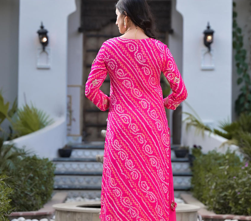 Divena Rani Pink Gota Patti Embroidered Bandhani Print Chinon Kurta Set with shiffon Dupatta