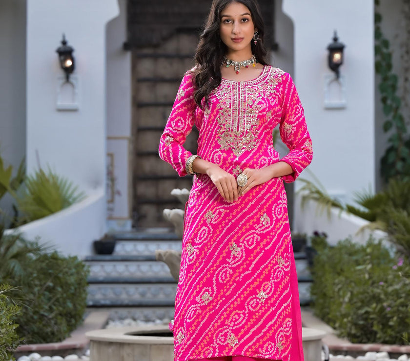 Divena Rani Pink Gota Patti Embroidered Bandhani Print Chinon Kurta Set with shiffon Dupatta