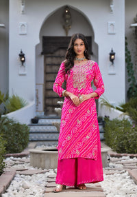 Divena Rani Pink Gota Patti Embroidered Bandhani Print Chinon Kurta Set with shiffon Dupatta