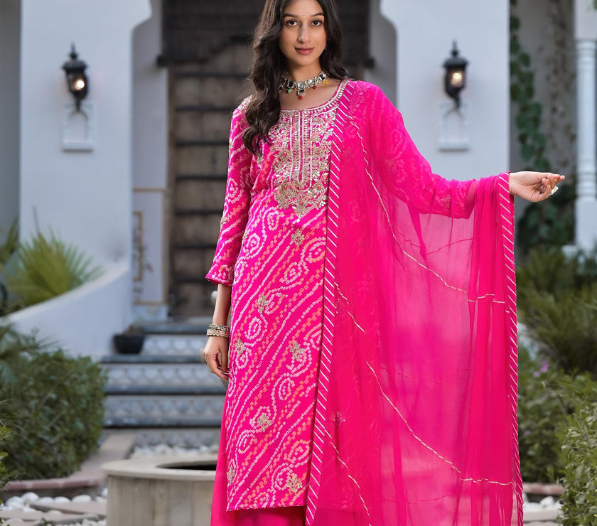 Divena Rani Pink Gota Patti Embroidered Bandhani Print Chinon Kurta Set with shiffon Dupatta