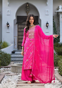 Divena Rani Pink Gota Patti Embroidered Bandhani Print Chinon Kurta Set with shiffon Dupatta